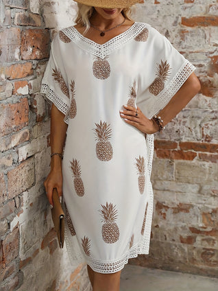 Contrast Lace Pineapple Print Dress, Casual V Neck Short Sleeve Dress, Women's Clothing