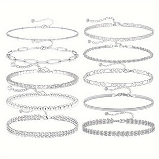 10pcs/Set Simple Double Layer Bracelets Stainless Steel Silver Plated Hand Jewelry