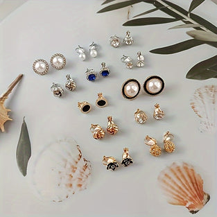 12 Pairs Clip On Earring Set Flowers Zircon Faux Pearl Decor Ear Clip Without Ear Holes, No Piercing, Geometric Shaped Earring Jewelry Set For Women