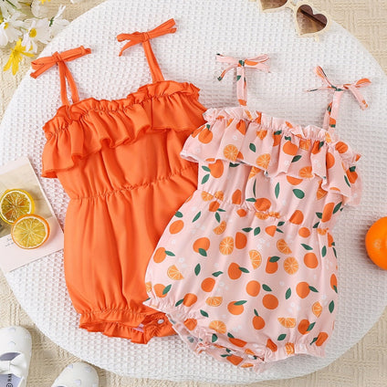 2pcs Baby's Solid Color & Orange Pattern Bodysuit, Casual Ruffled Sleeveless Romper, Toddler & Infant Girl's Onesie For Summer, As Gift