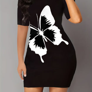 Butterfly Print Crew Neck Bodycon Dress, Casual Short Sleeve Dress For Spring & Summer, Women's Clothing