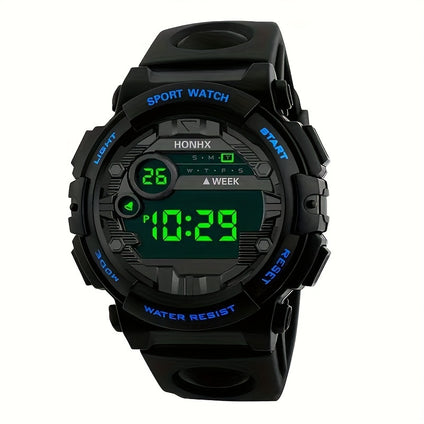 Sporty Digital Watch: Alarm, Calendar, 12/24 Hour Display, Water-Resistant, Light-Up Feature