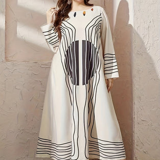 Ethnic Stripe Print Kaftan, Vintage Long Sleeve Maxi Dress, Women's Clothing