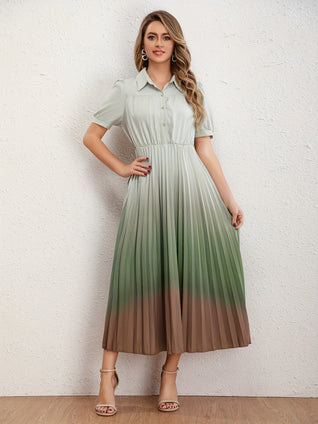 Gradient Pleated Dress, Elegant Button Front Short Sleeve Dress, Women's Clothing