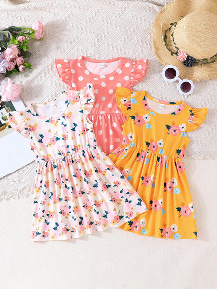 3pcs Baby's Flower Polka Dots Pattern Casual Dress - Adorable Infant Toddler Girls Clothing for Summer