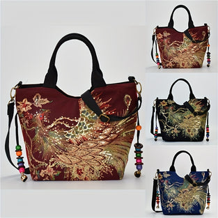 Ethnic Style Canvas Handbag For Women, Vintage Peacock Embroidered Tote Bag, Beaded Shoulder Bag For Travel Shopping