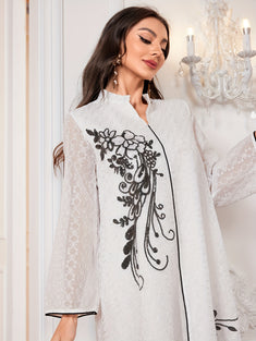 Ramadan Floral Embroidered Long Sleeve Kaftan, Notched Neck Loose Contrast Sequin Maxi Length Dress, Women's Clothing