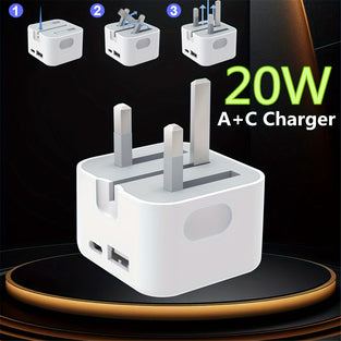 20W Dual Port USB Charger with Foldable Design for iPhone, iPad, and Samsung - British Specification Plug with Overheat Protection