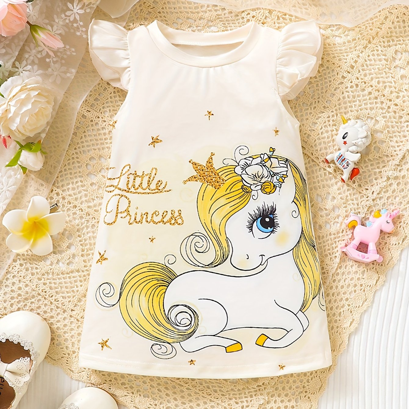 Baby Girls' Cute Unicorn Cartoon Print Ruffle Trim Dress: Perfect for Summer!