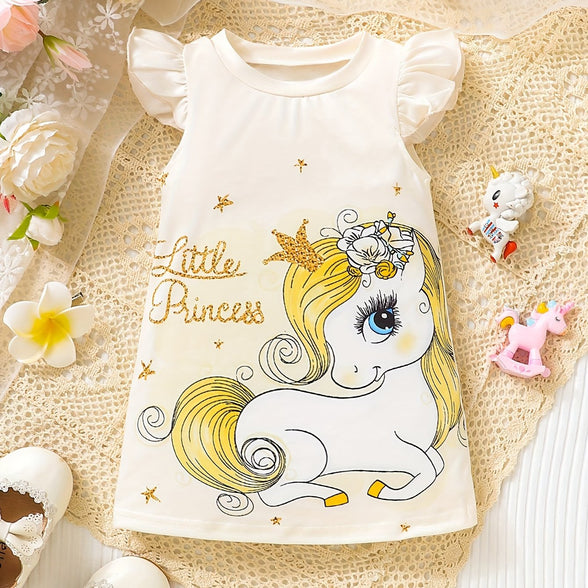 Baby Girls' Cute Unicorn Cartoon Print Ruffle Trim Dress: Perfect for Summer!