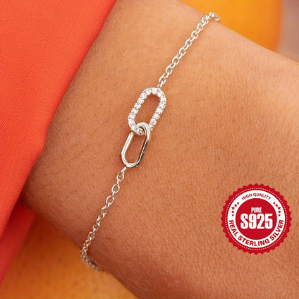 1pc 925 Sterling Silver Double Ring Thin Chain Bracelet Inlaid Shiny Zircon Simple Hand Chain For Lovers Family