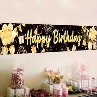 1pc, Happy Birthday Banner, Black And Golden Party Decoration Large Birthday Banner, Scene Decor, Festivals Decor, Home Decor, Corridors Decor, Offices Decor, Yard Decor