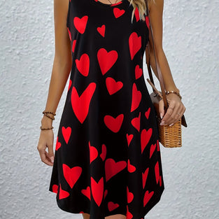 Heart Print Crew Neck Dress, Vacation Vibes Sleeveless Dress For Spring & Summer, Women's Clothing