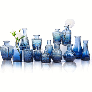 14pcs Bulk Glass Flower Bud Vase Set, Gradient Blue Relief Flower Vase For Center Decoration, Mini Vintage Glass Vase, Suitable For Wedding Home Table Party Decoration, Multiple Sizes