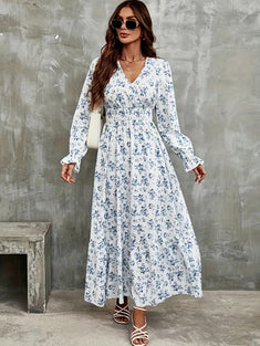 Floral Print Ruffle Trim Dress, Elegant V Neck Long Sleeve Dress, Women's Clothing