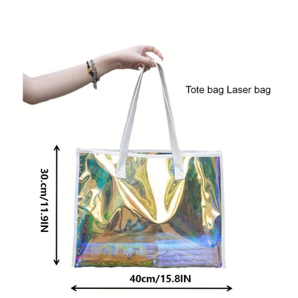 1pc, Handbag Laser Bag Plastic Transparent Large Capacity Make-up Gift Bag Jelly Bag, Large Tote Top Handle Shoulder Bags, Shopping Travel Work Reusable Portable Tote Bag, Party Supplies, Holiday Supplies