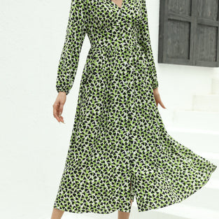 Allover Print Button Front Dress, Elegant Long Sleeve Dress For Spring & Fall, Women's Clothing