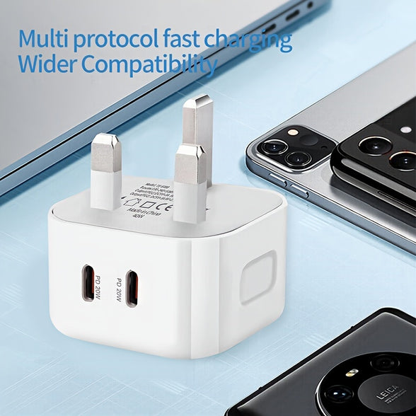 Fast Charging Dual 20W USB-C Charger for iPhone 15 with Type-C Nylon Cable - Total 40W Power Adapter