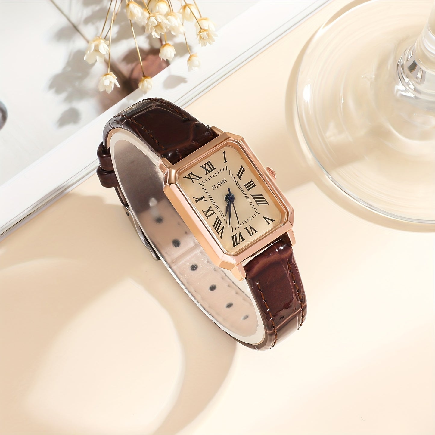 Rome Fashion Analog Retro PU Leather Wrist Watch for Women - Casual Rectangle Pointer Quartz Watch