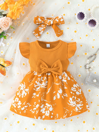 BABY'S FLOWER PATTERN SPICING CASUAL COTTON DRESS WITH HEADBAND BOWKNOT - PERFECT SUMMER OUTFIT FOR INFANT TODDLER GIRLS