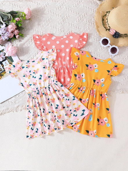 3pcs Baby's Flower Polka Dots Pattern Casual Dress - Adorable Infant Toddler Girls Clothing for Summer