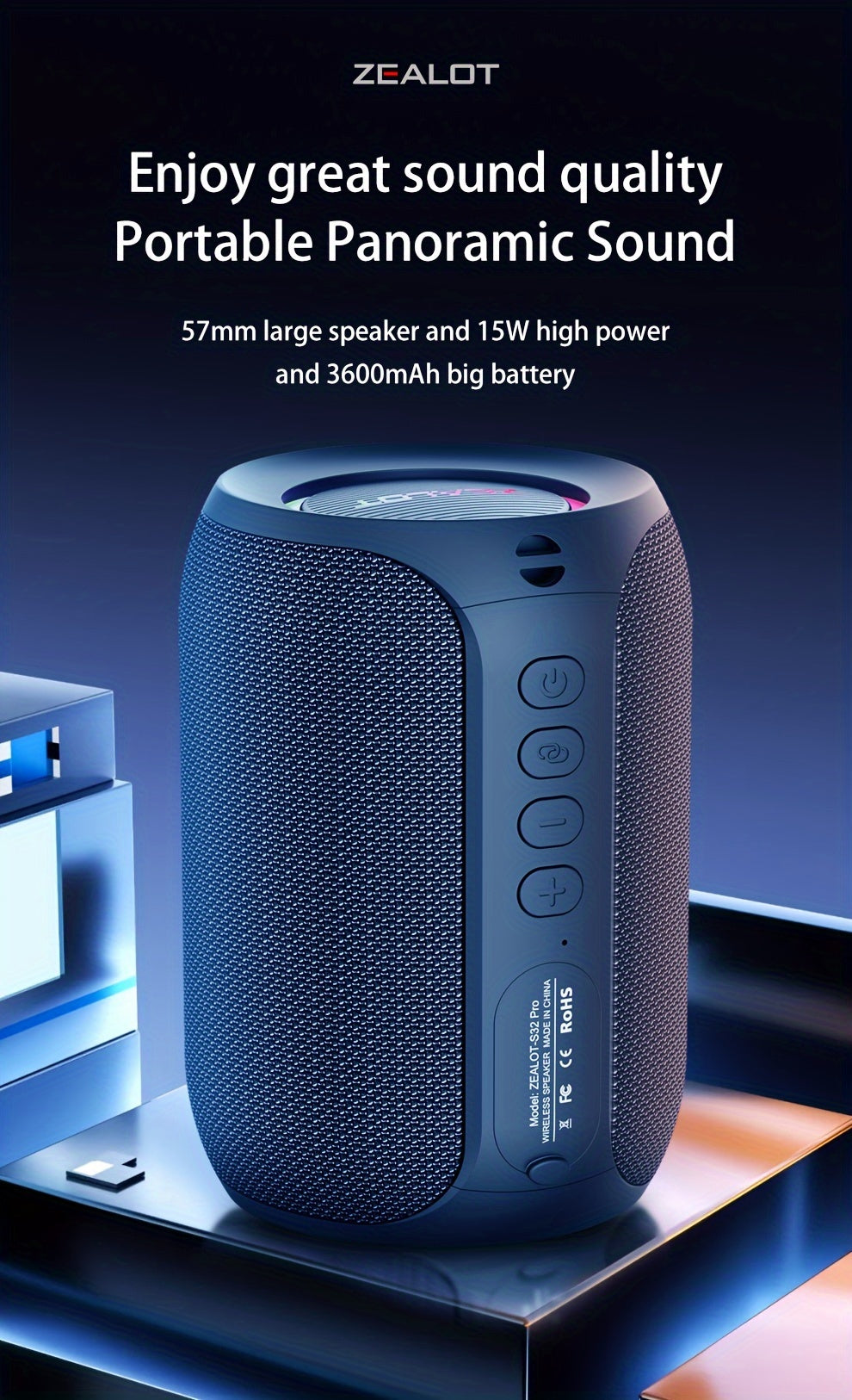 S32 Pro 15W Wireless Speaker: Outdoor Portable Subwoofer with IPX-6 Waterproof Rating, Dual Pairing, and Long Playtime for Booming Bass and Loud Stereo Sound