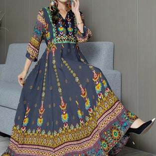 Ethnic Embroidered Dress, Boho V Neck 3/4 Sleeve Dress, Women's Clothing