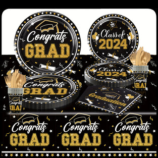 1pc, Graduation Party Decorations Tablecloth, Grad Table Cover For 2024 Graduation Party Supplies, Black And Golden Table Cloths, Party Decor, Party Supplies, 136.91×273.81cm