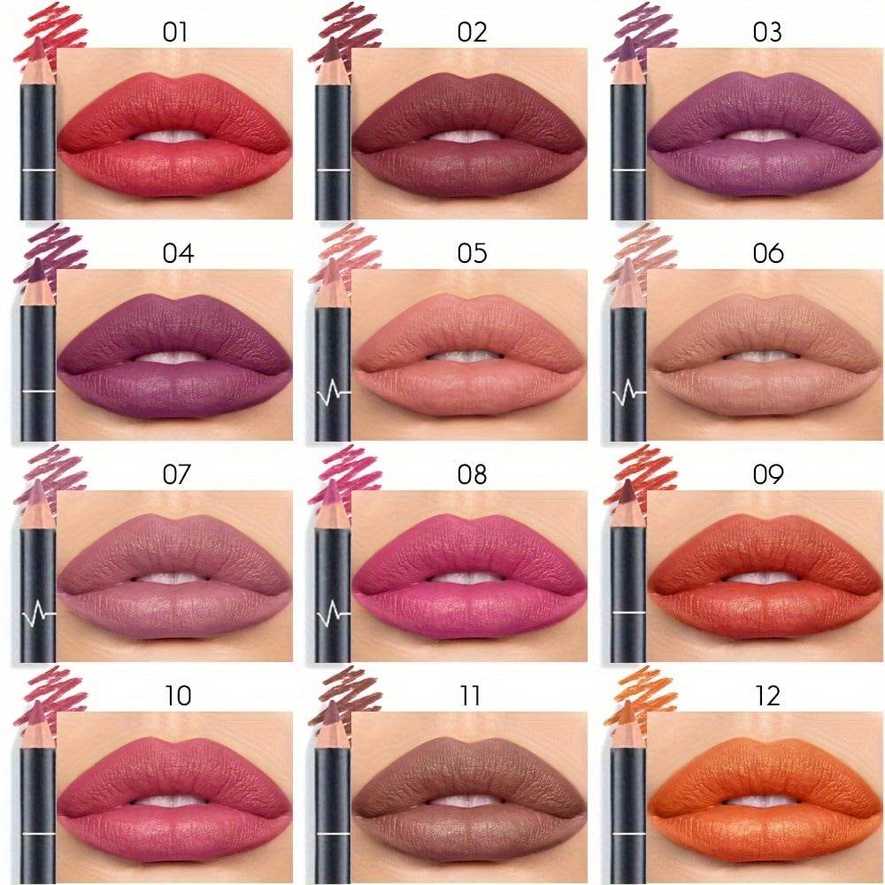 Vibrant 12-Piece Waterproof Lip Liner Set: Long-Lasting