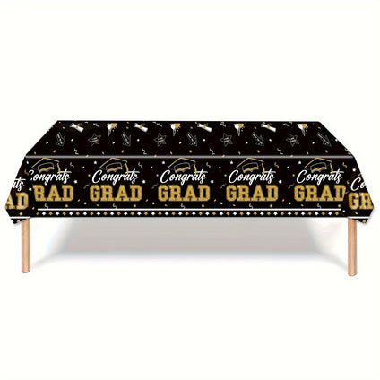 1pc, Graduation Party Decorations Tablecloth, Grad Table Cover For 2024 Graduation Party Supplies, Black And Golden Table Cloths, Party Decor, Party Supplies, 136.91×273.81cm