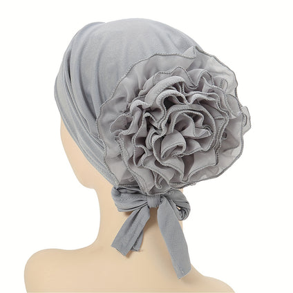 Chiffon Plate Flower Turban Hat Elegant Solid Color Head Wraps Elastic Head Scarf Hijab Beanies Chemo Cap For Women