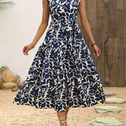 Floral Print Mock Neck Dress, Elegant Ruffle Sleeve Dress For Spring & Summer, Women's Clothing