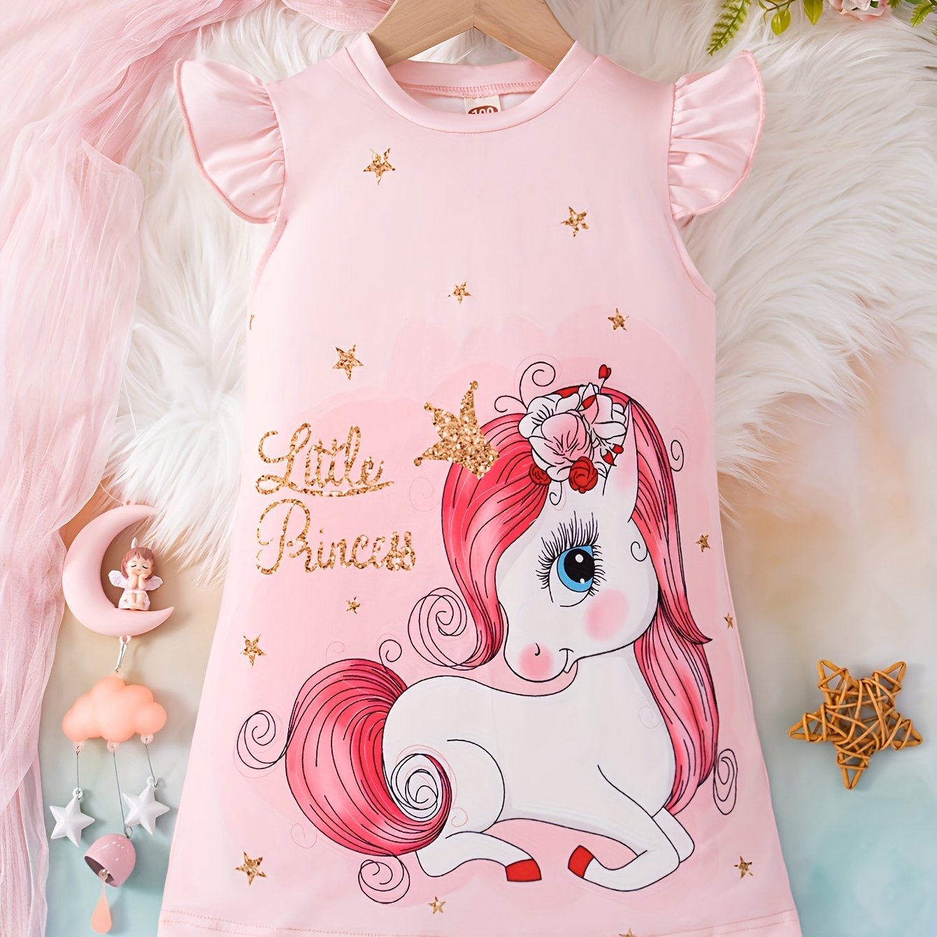 Sweet Girls Cartoon Princess Unicorn Graphic Flutter Trim Dress: Perfect for Summer Parties