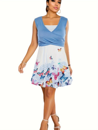 Butterfly Print Sleeveless Dress, Elegant V Neck Pleated Flared Summer Dress, Women's Clothing