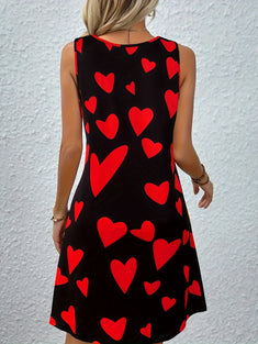 Heart Print Crew Neck Dress, Vacation Vibes Sleeveless Dress For Spring & Summer, Women's Clothing