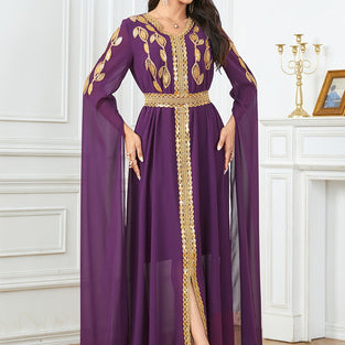 Embroidered V Neck Kaftan Dress, Elegant Cape Sleeve Maxi Dress, Women's Clothing