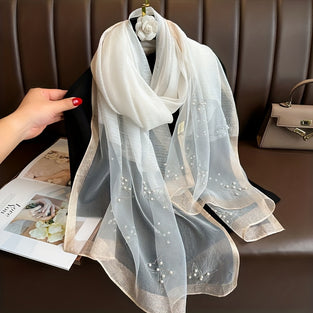 Simulation Pearl Organza Scarf Thin Elegant Sunscreen Breathable Shawl Spring Autumn Smooth Neck Scarf