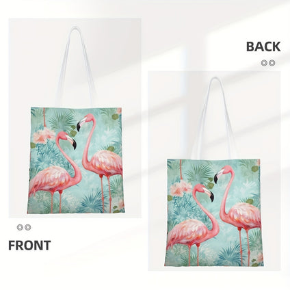 1pc, Tropical Pink Flamingo Stripe Floral Oversized Canvas Shoulder Tote Top Storage Handle Bag For School Gym Beach Weekend Travel Reusable Grocery Shopping, Large Tote Top Handle Shoulder Bags, Shopping Travel Work Reusable Portable Tote Bag