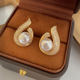 Waterdrop Shape Faux Pearl Rhinestones Earrings 18K Plated Jewelry For Women Girls