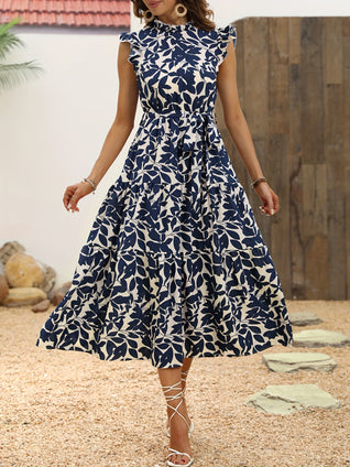 Floral Print Mock Neck Dress, Elegant Ruffle Sleeve Dress For Spring & Summer, Women's Clothing