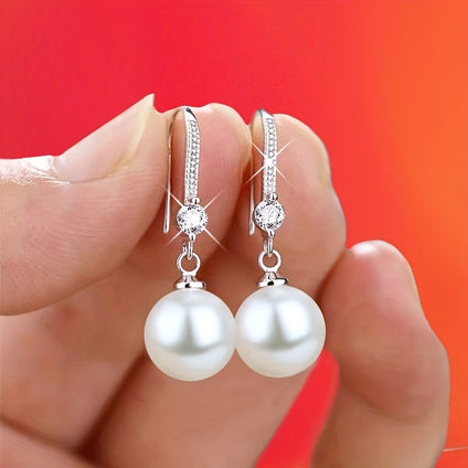 1 Pair White Faux Pearl Drop Dangle Earrings 925 Silver Plated Exquisite Daily Jewelry Elegant Wedding Holiday Gift For Women Girls