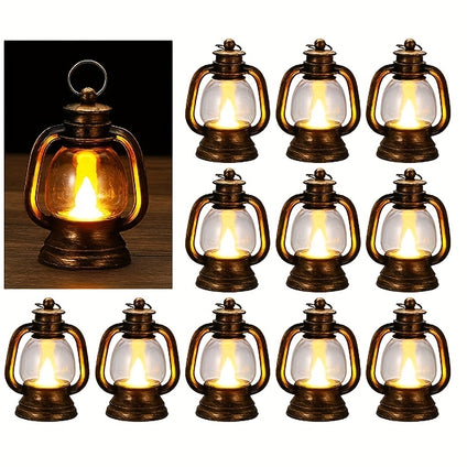 12pack Mini Lantern With Flickering LED Candle, 10.16cm Vintage Candle Light Hanging Decorative, For Centerpiece Halloween Western Party Christmas Tree Decorations, Black