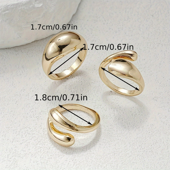 Chunky Geometric Irregular Designs: 3-Piece Gold Tone Ring Set for Everyday Wear and Special Occasions