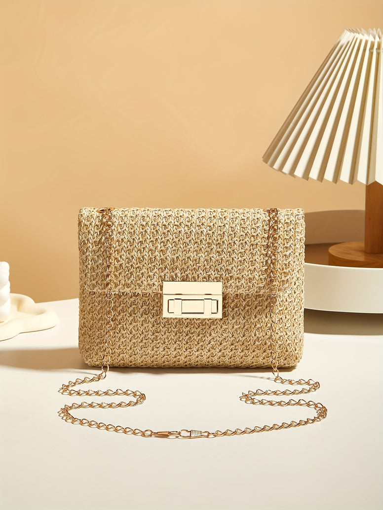 Stylish Women's Straw Crossbody Bag: Chic Design with Detachable Chain Strap and Phone Pocket