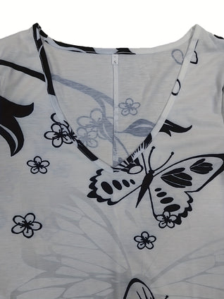 Butterfly Print Dress, Elegant V Neck Short Sleeve Comfy Dress, Women's Clothing