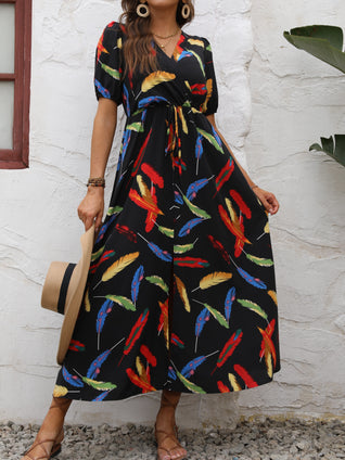 Feather Print V Neck Dress, Elegant Short Sleeve Dress For Spring & Summer, Women's Clothing