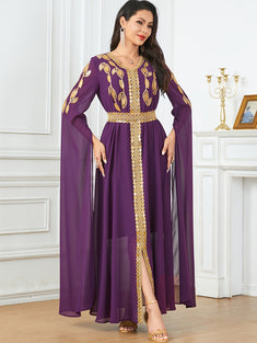 Embroidered V Neck Kaftan Dress, Elegant Cape Sleeve Maxi Dress, Women's Clothing