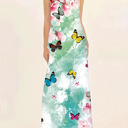 Butterfly Print V Neck Dress, Elegant Sleeveless Maxi Dress For Spring & Summer, Women's Clothing