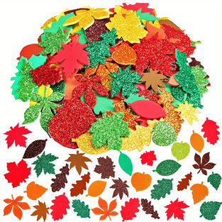 100pcs Thanksgiving Autumn Leaf Golden Powder Craft Foam Stickers, Maple Leaf DIY Autumn Festival Sex Party Decoration Crafts