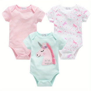 3pcs Baby's Unicorn-Themed Cotton Triangle Bodysuit Set: Comfy Short Sleeve Rompers for Everyday Wear